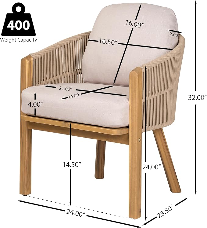 Christopher Knight Home Grotta 9 Piece Outdoor Dining Set, Acacia Wood Patio Dining Table Set with 8 Rope Weave Chairs Beige Cushions Rectangular Outdoor Furniture Set for Garden Patio Backyard