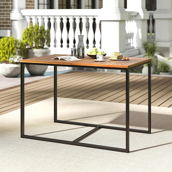 Tangkula Acacia Wood Patio Dining Table, 4-Person Rectangular Outdoor Dining Table with Metal Frame, Outdoor Patio Table for Porch, Garden, Deck, Lawn and Backyard
