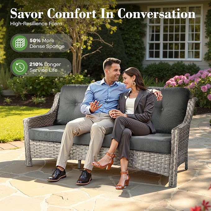 ovios 4 Piece Outdoor Patio Furniture with 3 Seat Sofa,Rattan Wicker Coversation Set with High Back,Sectional Single Sofa with Ottoman for Outside Porch Balcony Backyard Pool, Black