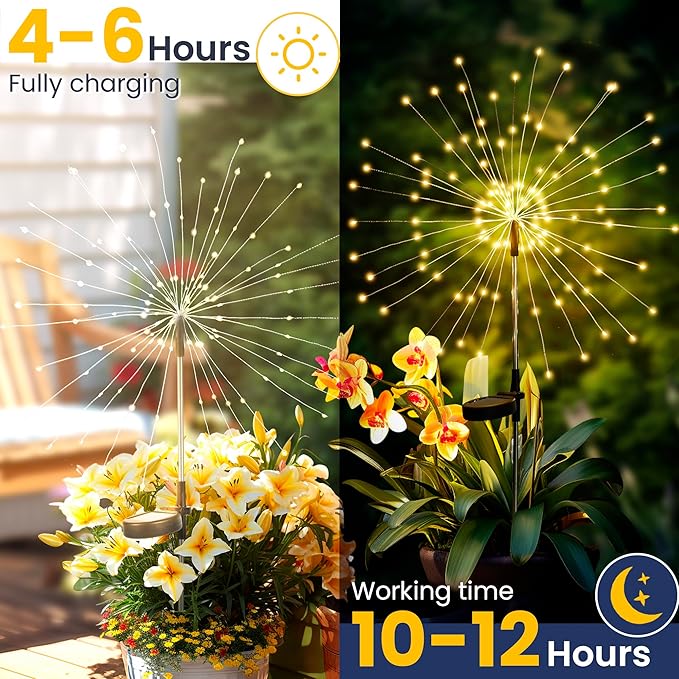 GIGALUMI 2 Pack Solar Firework Lights Outdoor, Garden Decor, Warm White | 120 LEDs, Fairy Design, Waterproof, Garden Decor, Solar Powered for Yard, Pathway, Flowerbed, Planter, Balcony, Gifts for Mom
