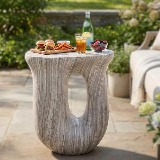 Christopher Knight Home 18.9 Inch Modern U Shaped Accent Table, Sculptural MGO Stone Look Side Table for Indoor Outdoor Garden Balcony Living Room Entryway Bedroom