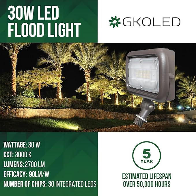 30W LED Flood Light, Outdoor Security Lighting Fixtures, 100W PSMH Replacement, 2700 Lumens, 3000K Warm White, 120-277V, Adjustable Knuckle Mount, UL Listed