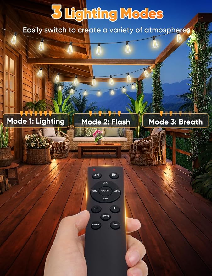LED Outdoor String Lights, 150FT Dimmable Patio Lights with Remote Control, 45+2 Shatterproof ST38 Edison Bulbs, 3 Lighting Modes, 3H/5H Timer, Outdoor Hanging Light for Holiday, Party