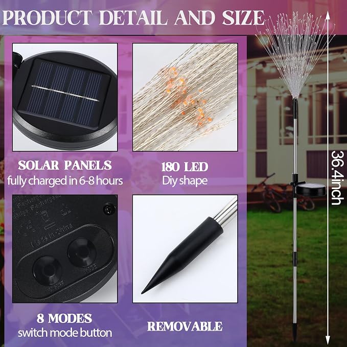 Tujoe 4 Pack Halloween Outdoor Garden Decoration Solar Firework Lights | 200 LED Solar Firework Lights, 8 Lighting Modes, 32" to 51" Height, Outdoor Garden Yard Pathway Party Decoration, Colorful