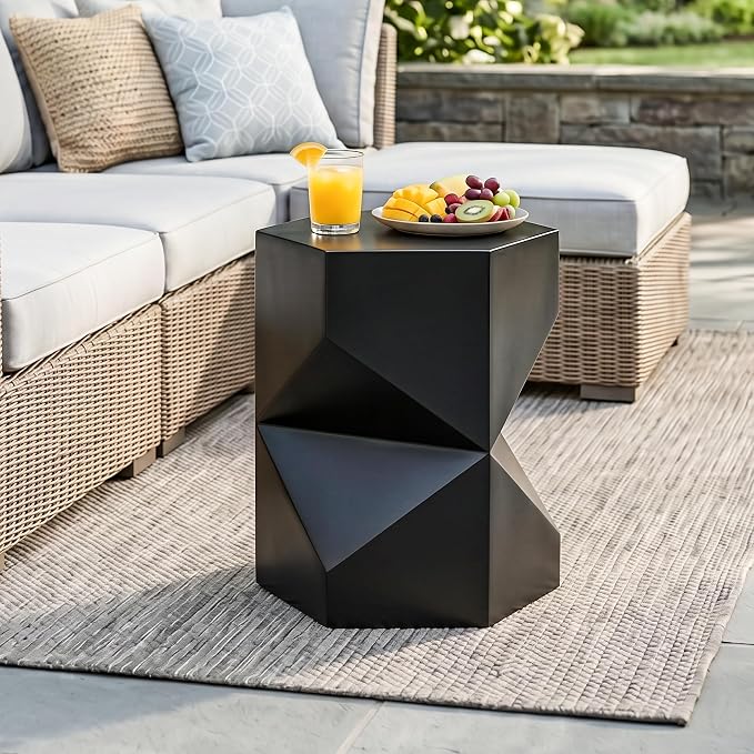 SUNBURY Outdoor Side Table, 18" Hexagon End Table Gloss Finish w Geometric Pedestal, Patio Concrete Accent Table Modular Design Decor, Lightweight Garden Stools for Balcony, Porch, Living Room, Black
