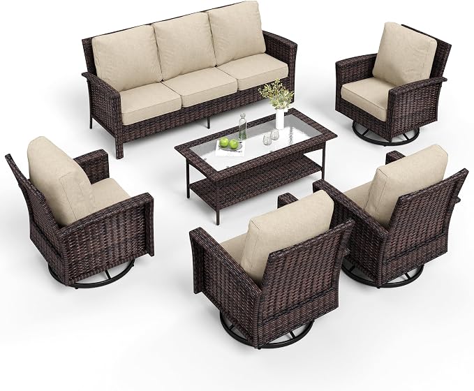 MIXPATIO 6-Piece Wicker Patio Furniture Set with Swivel Chairs, High Back Outdoor Sofa with 5.5-inch Thick Cushion, All-Weather Wicker Patio Conversation Set for Deck Yard Pool, Beige