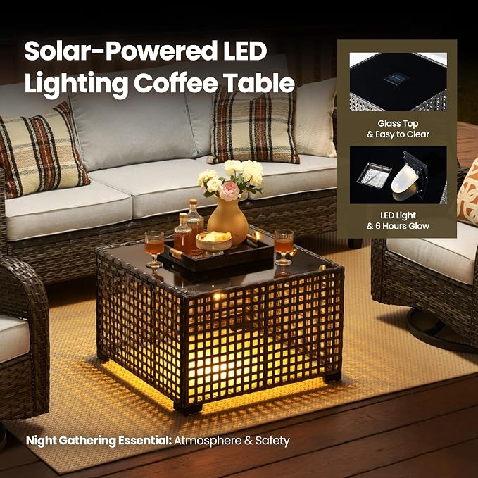 10 Piece Wicker Patio Furniture Set with Firepit, Gray | High Back Swivel Rocker Chairs, 54-inch Fire Pit, Outdoor Sofa Ottoman Solar Lights Table, Conversation Sets, Deck Backyard