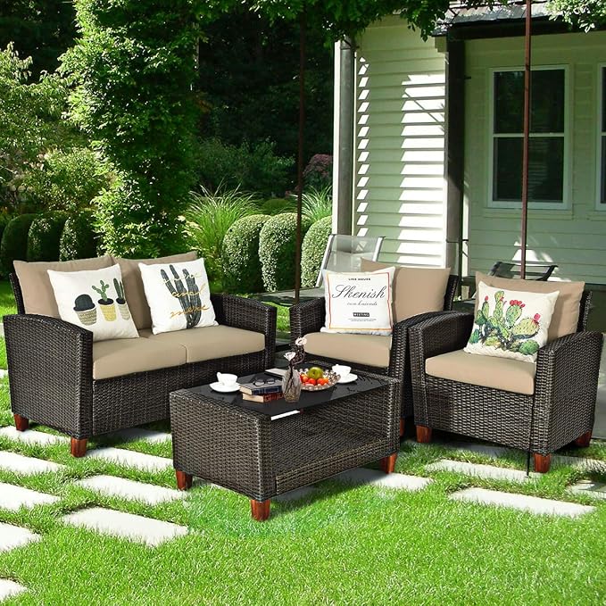 Tangkula 4 Piece Patio Rattan Furniture Set, Outdoor Wicker Conversation Set with Seat & Back Cushion,and Tempered Glass Coffee Table with Shelf, for Porch, Poolside, Backyard, Garden