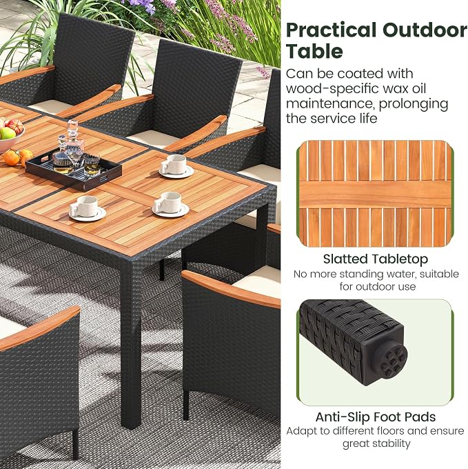 KOTEK 9 Piece Outdoor Dining Set, Rattan Patio Dining Table and Chairs Set for 8 with 1.96'' Umbrella Hole and Seat Cushions, Wicker Patio Dining Set for Deck, Backyard
