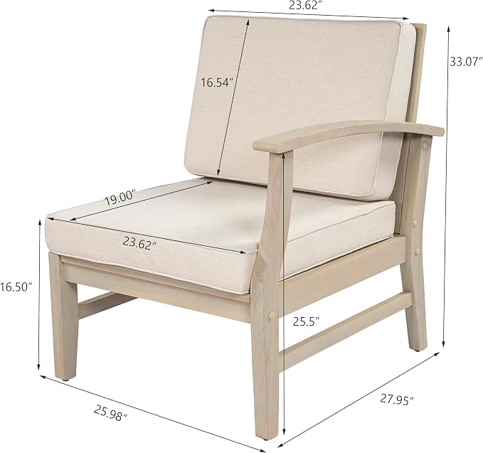 Christopher Knight Home Alex Acacia Wood Outdoor Patio Furniture Set for 6, Patio Sofa Set with Cushions, Patio Conversation Set with Sectional Sofa+Club Chairs and Coffee Table, Light White+Sand