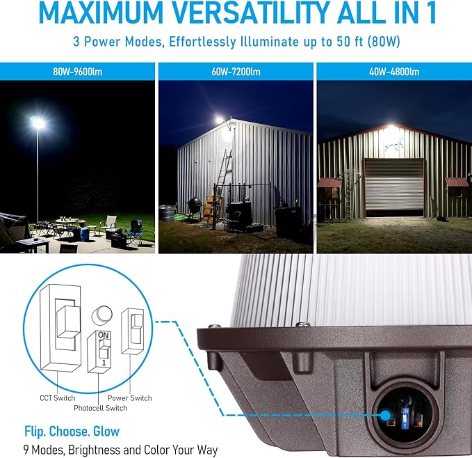 TORCHSTAR 3CCT LED Barn Light Dusk to Dawn Area Lights Aluminum Bronze | Outdoor Security Flood Lighting with Photocell, 40W/60W/80W Selectable, ETL & FCC Listed, IP65 Waterproof, 120-277V, Garage