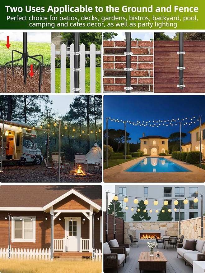 String Light Poles for Outside, 4 Pack 10 ft Adjustable Light Poles | Heavy Duty, Weather Resistant, 5 Prong Stable Base, Ground & Fence Mount, Fence Clips Included, For Patio Garden Porch Decor