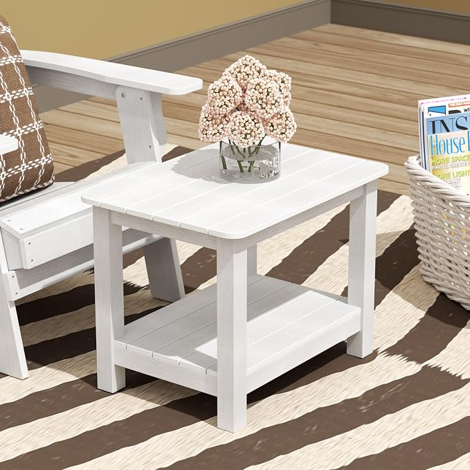 WestinTrends Tuscany Outdoor Side Table, All Weather HIPS 2 Tier Adirondack Small Patio Table with Storage, White