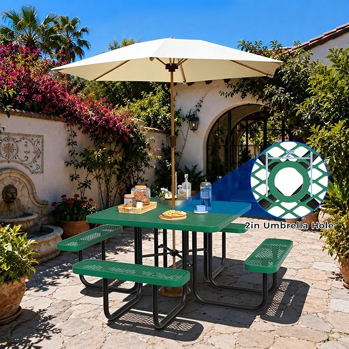 All-Weather Square Outdoor Picnic Table, Commercial Picnic Table Bench Set with Umbrella Hole, Thermoplastic Coated Metal Dining Tables for School, Stores, Park, Patio, Yard, Green