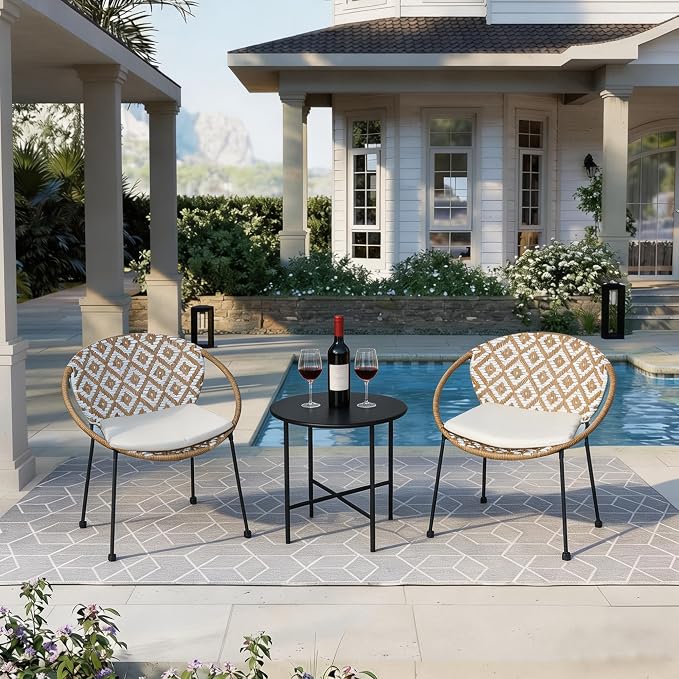 3-Piece Outdoor Patio Bistro Set, Wicker Chairs with Cushions, PE Rattan All-Weather Conversation Set with Coffee Table for Balcony, Porch, Backyard, Poolside, Garden, Deck, White