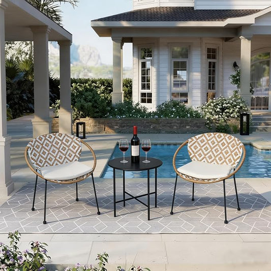 3-Piece Outdoor Patio Bistro Set, Wicker Chairs with Cushions, PE Rattan All-Weather Conversation Set with Coffee Table for Balcony, Porch, Backyard, Poolside, Garden, Deck, White