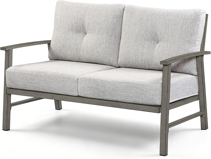 Patio Furniture Loveseat Sofa, Outdoor Aluminum Couch with 5.9'' Soft Cushion, All-Weather Outdoor 2 Seats Patio Furniture Sofa Couch for Garden, Poolside, Lawn, Limed Oak
