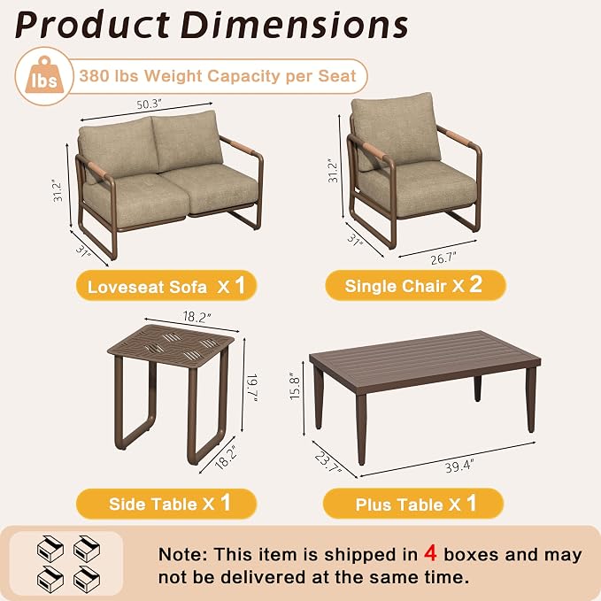 4-Piece Aluminum Patio Conversation Set, Modern Outdoor Sofa with Coffee Table, 6.5" Thick Cushions & All-Weather Rust-Resistant Frame, for Backyard, Poolside, Porch (White)