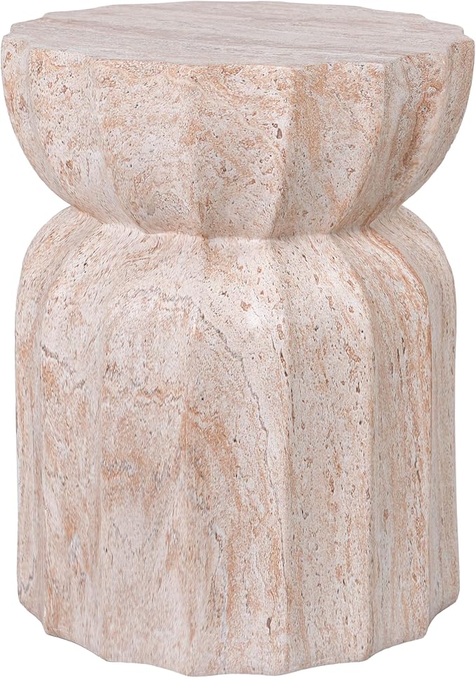 Merax 18.9" H Modern Outdoor Concrete Side Table, Patio End Table with Sculptural Fluted Design, Weather-Resistant Hourglass Shape Accent Table for Garden, Balcony & Poolside, Beige Marble