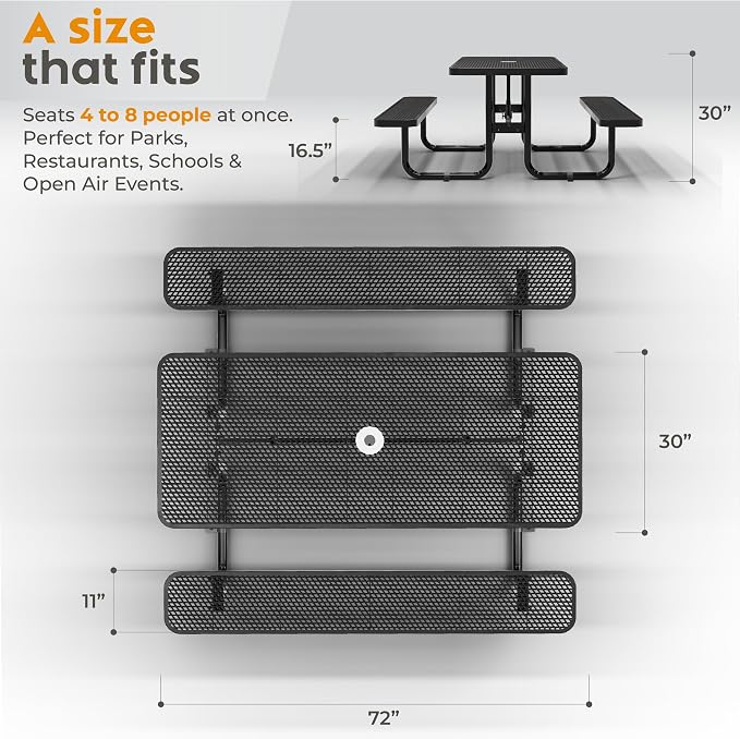 Commercial Heavy-Duty Metal Picnic Table - ADA Compliant, Adjustable Seats, Umbrella Hole, Expanded Metal (Black, 6' Rectangular)