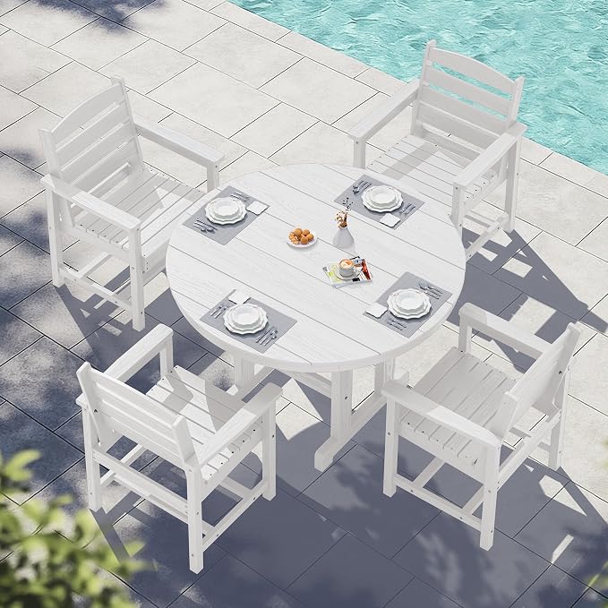 SERWALL 6-Piece Patio Dining Sets, HDPE Outdoor Table and Chairs Furniture Set with Umbrella, 45" Round Dining Table & 4 Dining Chairs & 1 9FT Umbrella, White(Not Include Umbrella Base)