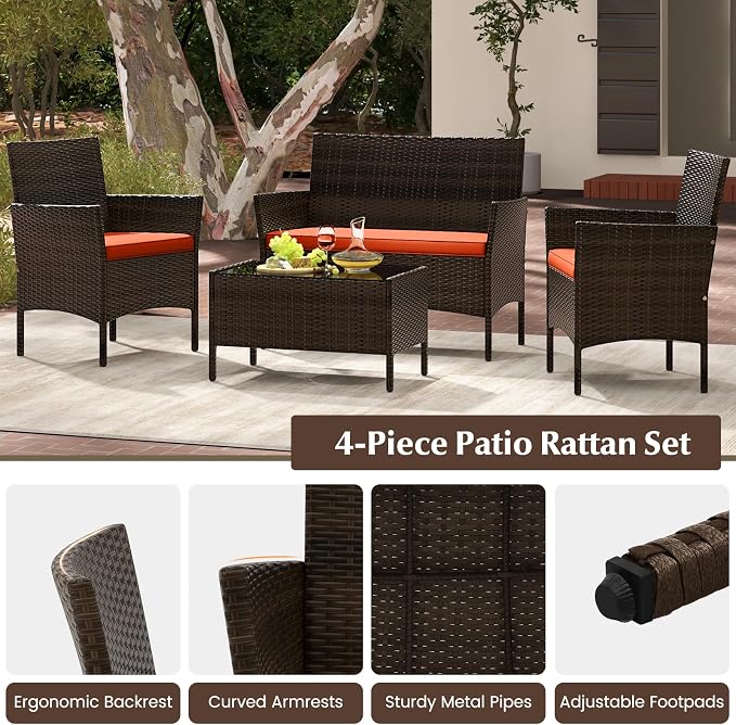 4 Piece Patio Furniture Set, Sectional Conversation Sofa Set with Glass Coffee Table, Cushions & Loveseat, Wicker Outdoor Table and Chairs for Pool, Garden, Deck, Backyard (2, Orange)
