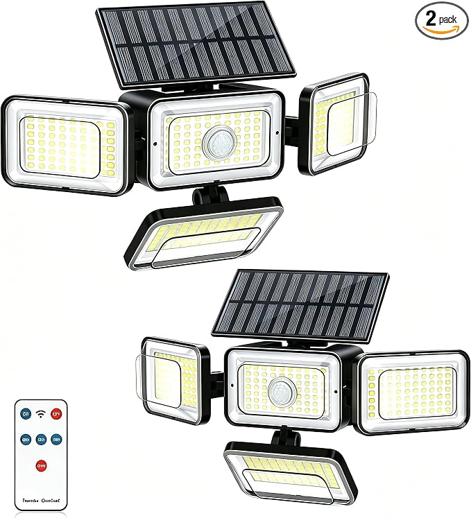 Solar Motion Sensor Lights Outdoor, 288 LED 2800LM IP65 Waterproof with Remote Control Solar Flood Lights, 4-Head Motion Activated Wide-Angle Wall Security Lights for Yard Garage Patio, 2 Pack