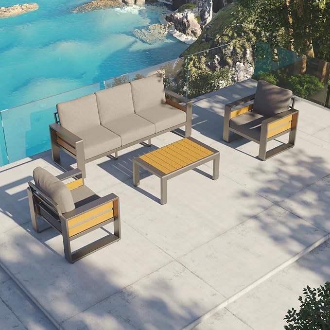 Aoxun Aluminum Outdoor Patio Furniture Set, 2 Seats Metal Sectional Patio Furniture, Modern Outside Sectional Set for Backyard, Love Seat Sofa ×1, Dark Grey & Light Grey
