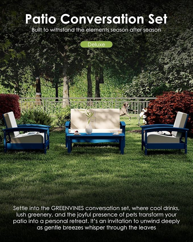 GREENVINES Deluxe 4-Piece Patio Furniture Set | HDPE Plastic | Outdoor Sectional Conversation Sets | All-Weather Couch | Sofa with Coffee Table | Black Frame w/Beige Cushion | for Porch Lawn | Blue