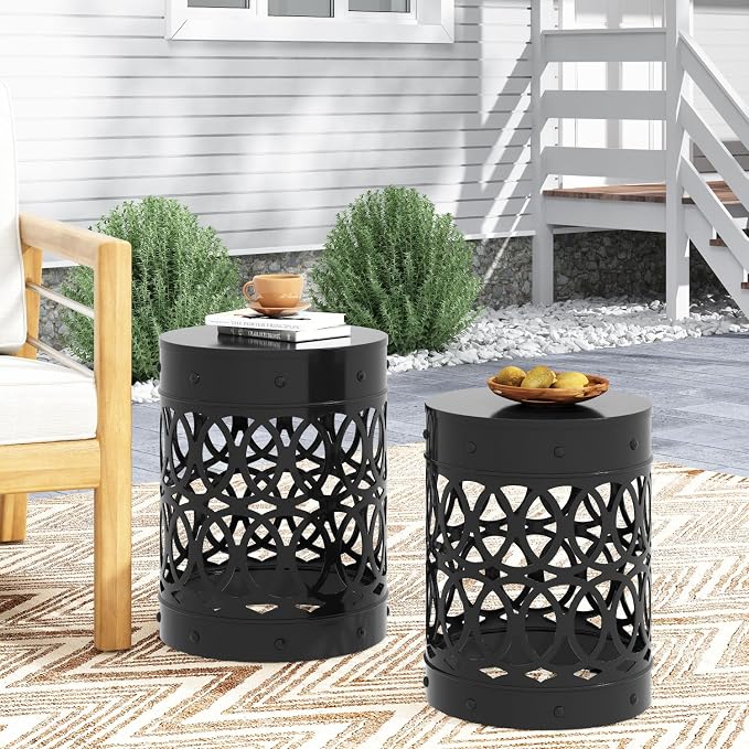 Modern Outdoor Garden Side Table, Set of 2, Black Iron End Tables, Patio & Balcony Plant Stand, Desert Sunset Cutout Design
