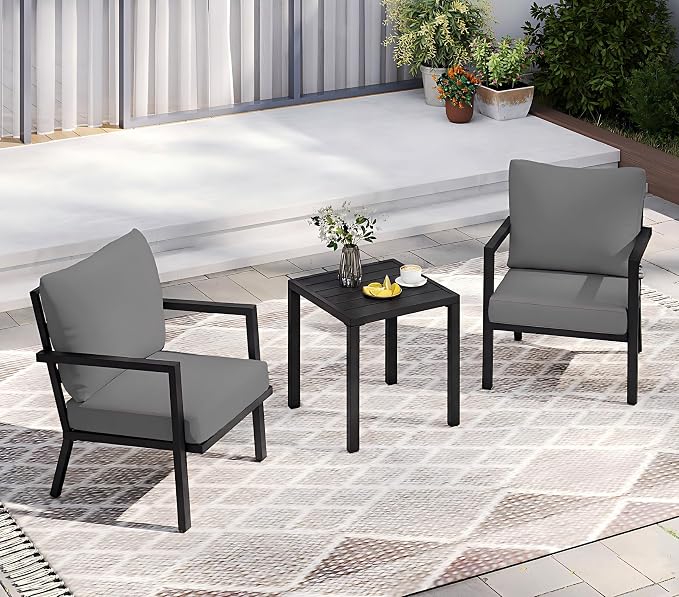 HAPPATIO Aluminum Patio Furniture Set, 3 Pieces Conversation Set with Thick Cushions and Side Table, Waterproof and Rustproof for All Weather, Seating Sofa for Garden, Backyard, Porch, Black