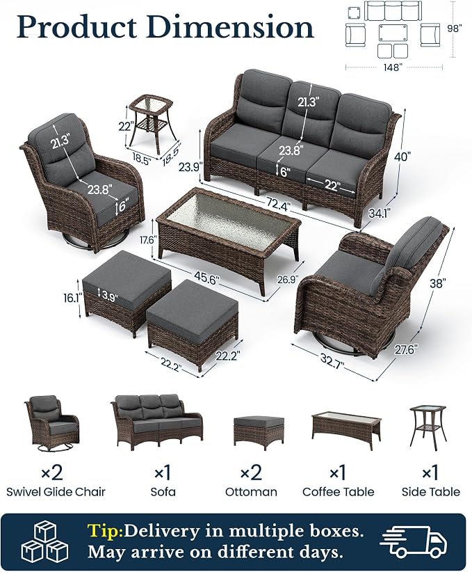 HILLGA Luxury Outdoor Patio Furniture Set with 6-Inch Thick Cushions, High Back Wicker Swivel Rocker Chairs, 7 Pcs All Weather Conversation Set for Large Deck, Yard and Poolside, Gray (V3)