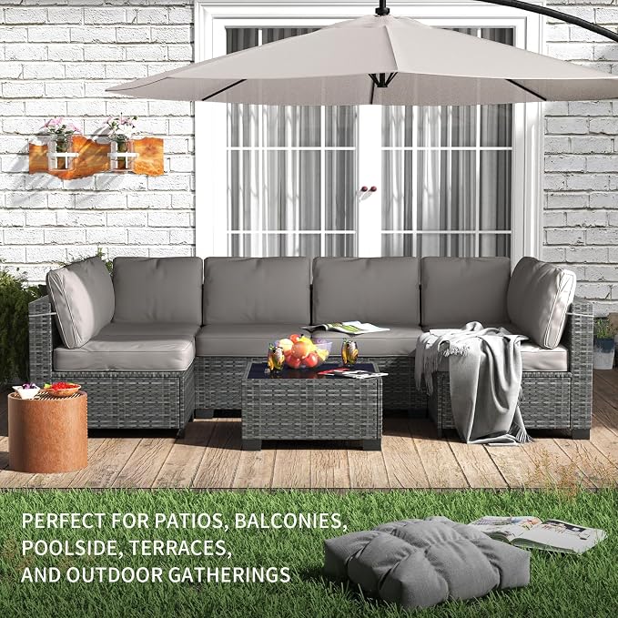 7 Piece Outdoor Patio Furniture Set, PE Rattan Conversation Sofa Set, Wicker Patio Set w/Thick Cushions & Glass Top Coffee Table, All-Weather Outside Furniture for Garden, Balcony, Porch(Grey)