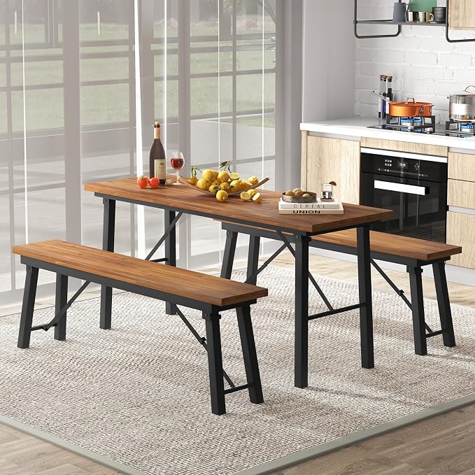 Tangkula Outdoor Dining Table With Benches for 4-6 Persons, No Assembly Foldable 59 Inches Narrow Patio Dining Table with Acacia Wood Top & Heavy Duty Metal Frame, for Yard, Garden, Poolside or Indoor