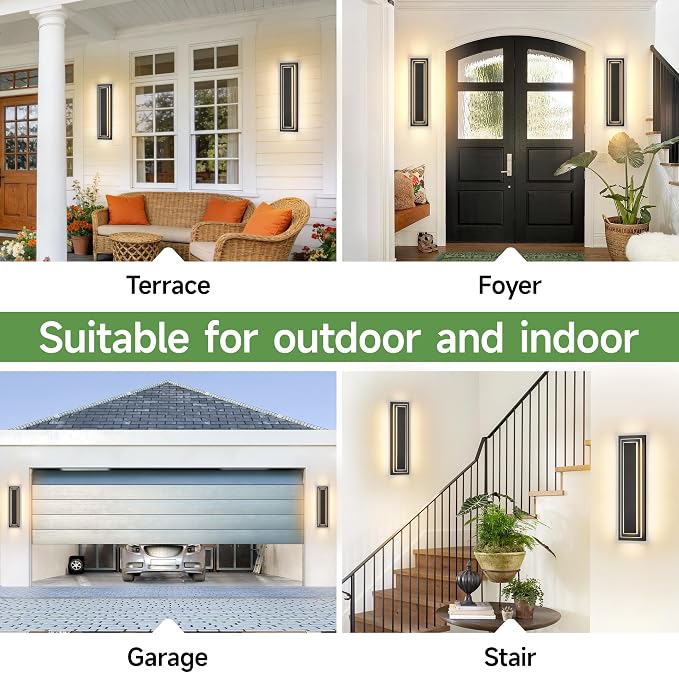 23.6 in Outdoor Wall Light Fixture,Garage Side Wall Sconce,36 W | 2-Tier Black Outdoor Modern Square Wall Lights For Hallway, Front Porch, Integrated 3000K LED Light Bead, Waterproof,2 Packs