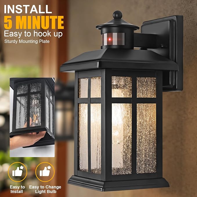 Brilvibera Outdoor Wall Light Motion Sensor, Dusk to Dawn Outdoor Lighting | Exterior Light Fixture, Black Porch Lights & Outdoor Dusk till Dawn Wall Mount Light for House Garage Entryway