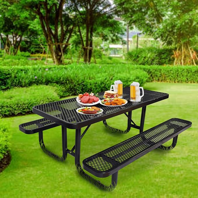 Heavy Duty Picnic Table for Outdoor 1400 lbs Load All Metal Camping Table with Umbrella Hole up to 1.5", Rectangle Dining Table for Commercial Picnic Table with Benches, Black