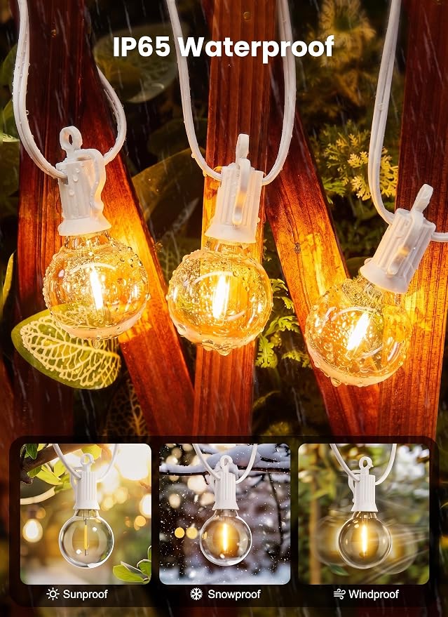 Outdoor String Lights, 50FT 25 LED Bulbs IP65 Waterproof Patio Lights | Shatterproof Dimmable Hanging Connectable G40 Globe LED Outdoor Lights for Christmas, Backyard, Bistro, Porch