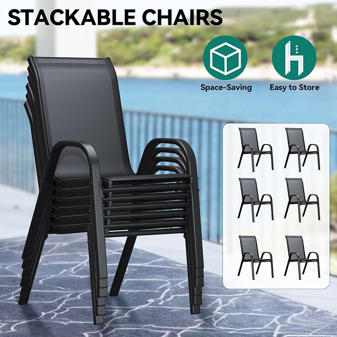 YITAHOME Stackable Patio Dining Set for 6, Breathable Outdoor Dining Set w/55 Aluminum Patio Table & 6 Stackable Patio Chairs Set, All Weather Outdoor Patio Dining Set for Backyard Deck Porch, Black