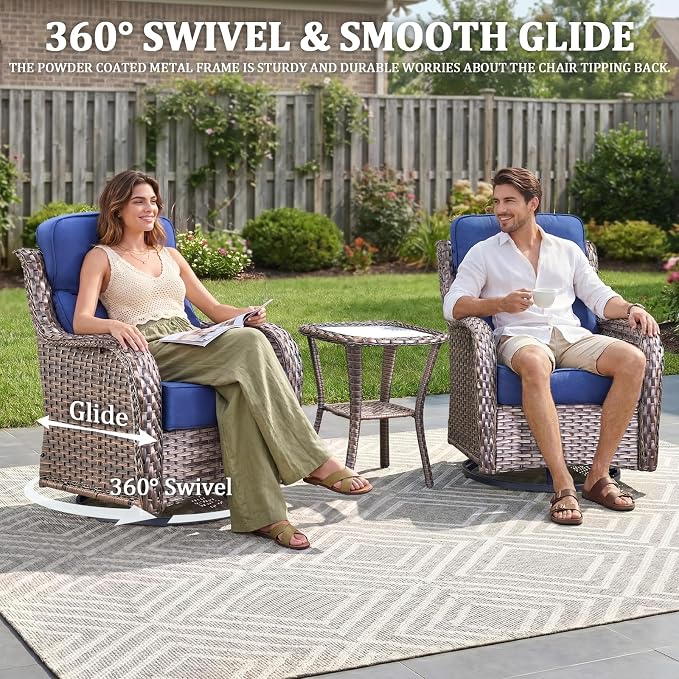 Luxury Swivel Rocker Chairs Set with 6" Thick Cushion 5 piece Wicker Outdoor Swivel Rocker Patio Chair with Ottoman High Back Comfortable Outdoor Patio Furniture Set - Brown | Blue