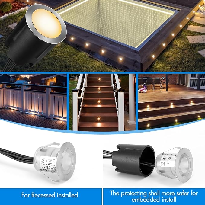 24 Pack LED Recessed Deck Lights with Protecting Shell, IP68 Waterproof Warm White, 0.6W , Outdoor Landscape Lighting, 12V Low Voltage Deck Lights Kit for Garden Yard Step Riser Stair Decoration