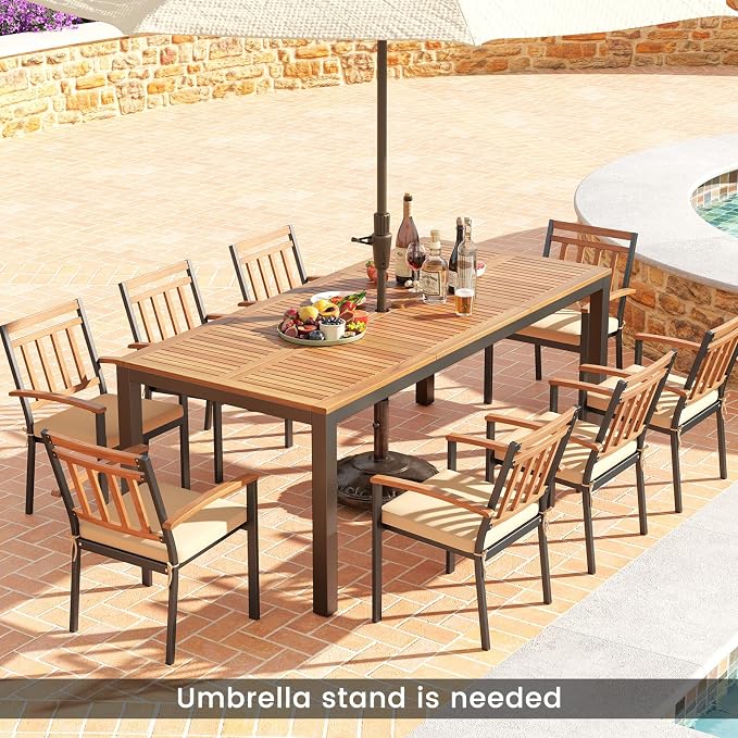 RELAX4LIFE Patio Outdoor Dining Table for 8, 79’’ x 35.5’’ Acacia Wood Rectangular Table w/Slatted Top, Umbrella Hole & Metal Legs, Indoor Outdoor Picnic Bistro Table, 8-Person Patio Dining Table