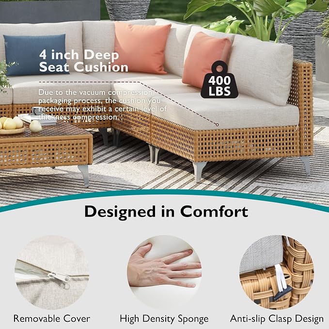 7-piece Wicker Patio Furniture Set, Outdoor Conversation Set Sectional Sofa with Water Resistant Beige Thick Cushions and Coffee Table for Outdoor Couch, Porch, Backyard - Beige