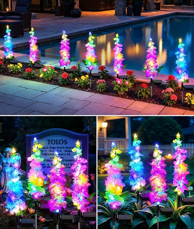 KOOPER Solar Lights Outdoor Garden Decor, 4 Pack Upgraded Delphinium Solar Garden Lights with 36 Colorful LEDs, Vivid Flowers Outdoor Waterproof for Landscape Patio Yard Decor