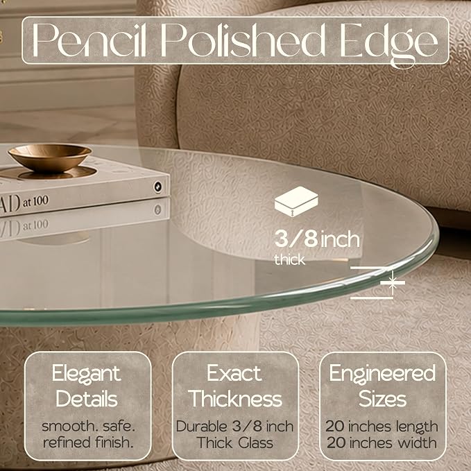 20-inch Round 3/8" Thick Pencil Polished Edge Glass Table Top with 6 Bumpers - Tempered, Scratch Resistant & Safety Replacement Glass Designed for Dining, Coffee, Patio & End Tables