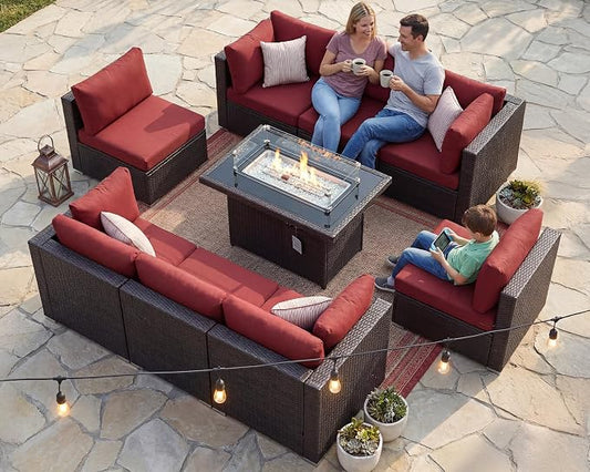 BULEXYARD 9 Pcs High Back Outdoor Sectional Set with Firepit Table, Modern Luxury Patio Furniture Seating Set, Oversized Wide Deep Modular 8-Seater Couch Sofa for Backyard, Brown Wicker & Red Cushion