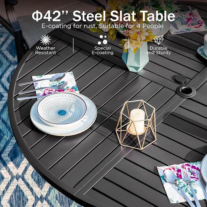 PHI VILLA Patio Dining Set for 4, Round Table & Swivel Mesh Chairs, Grey | 42'' Metal slat table with umbrella hole, E-coating metal frame & Textilene chairs, All-weather design for outdoor, deck