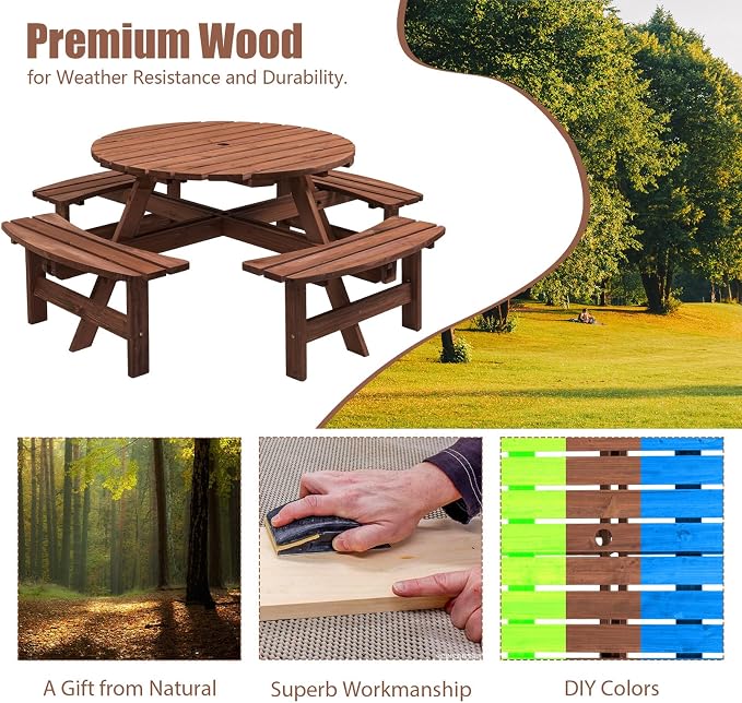 HRVEOCEI 8-Person Round Picnic Table with 4 Built-in Benches & Umbrella Hole, Wooden Picnic Tables for Outdoors, Patio, Backyard, Garden, 70"X70"X27", 2220lb Capacity (Round, Brown, 8-Person)
