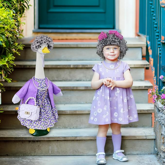 Old Lady Porch Goose Outfits, 100 Days Grandma Wigs with Goose Clothes for 23" Lawn Cement Plastic Geese Statues for Garden Yard Holiday Decoration