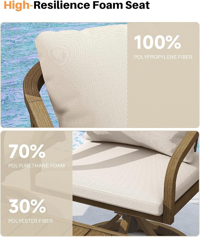 Swivel Outdoor Chairs Set of 2, Patio Dining Chairs with Removable Cushions, Never-Rust Aluminum Outdoor Dining Chairs with Wraparound Backrest and Armrest for Poolside, Deck, Backyard, Teak